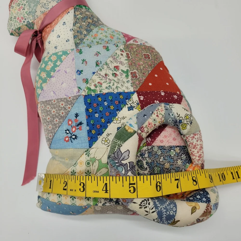 Vintage Patchwork Quilt Cat Pillow Pink Ribbon Cottage Granny Hand Crafted Decor